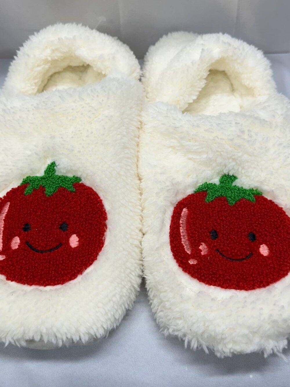 Plush White Fuzzy Slippers Cute Happy Tomato Soft Warm House Shoes Slip On